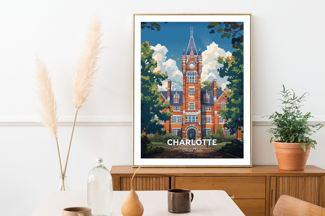 Charlotte USA Historic Brick Clock Tower Campus Travel Poster - Image 2