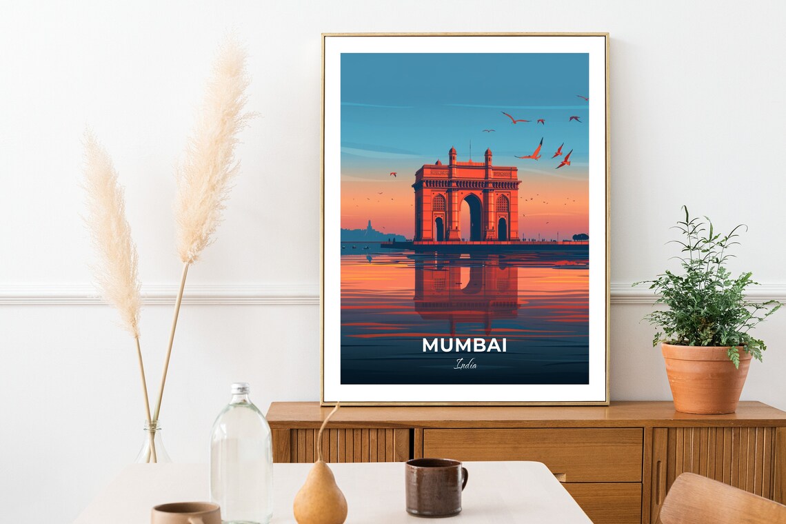 Mumbai Gateway of India Fiery Sunset Reflection Travel Poster - Image 2