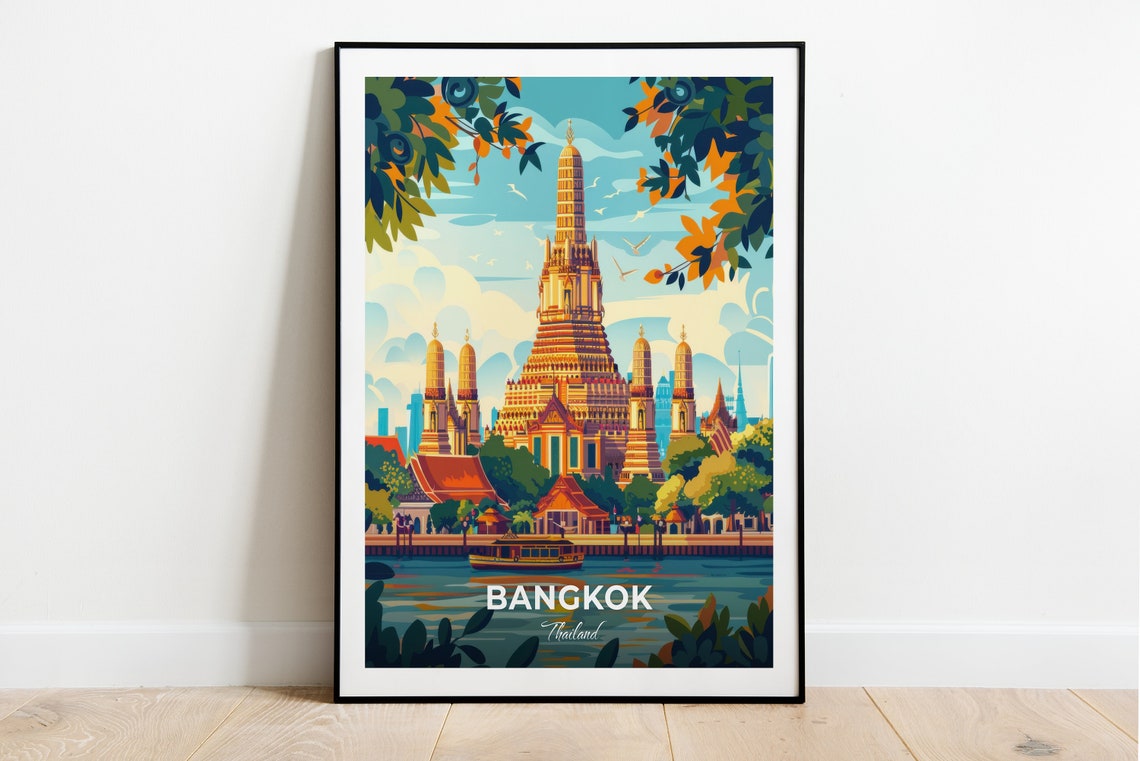 Bangkok Thailand Wat Arun Temple of Dawn River View Travel Poster
