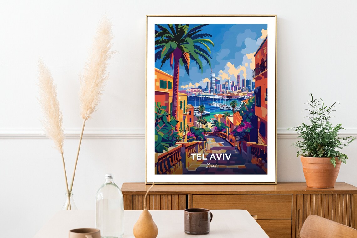 Tel Aviv Old Stone Street Marina Skyline View Travel Scene Poster - Image 2