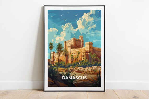 Damascus Citadel Ancient Fortress Palms Historic Walls Syria Travel Poster