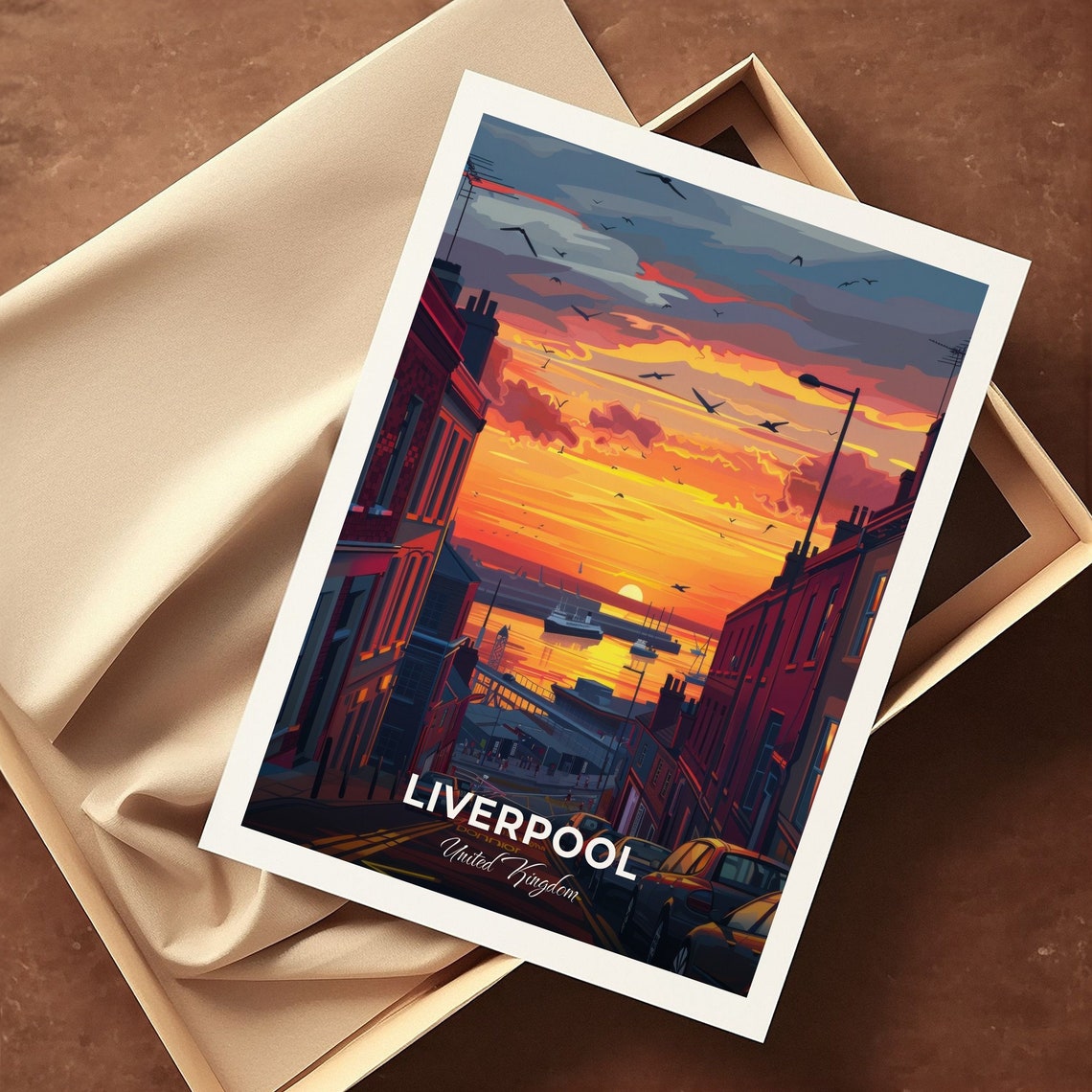 Liverpool Sunset Harbor Street Boats Warm Sky Travel Poster UK - Image 3