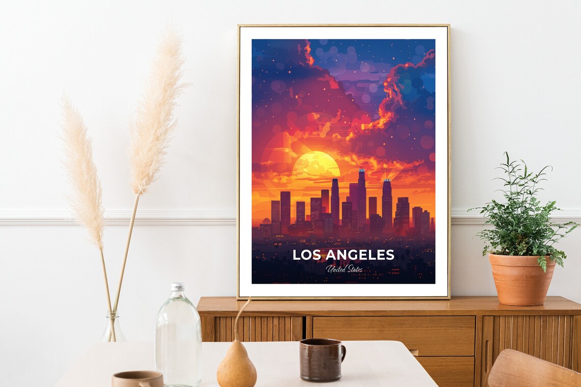 Los Angeles California Travel Poster Sunset Skyline Silhouette Artwork - Image 2