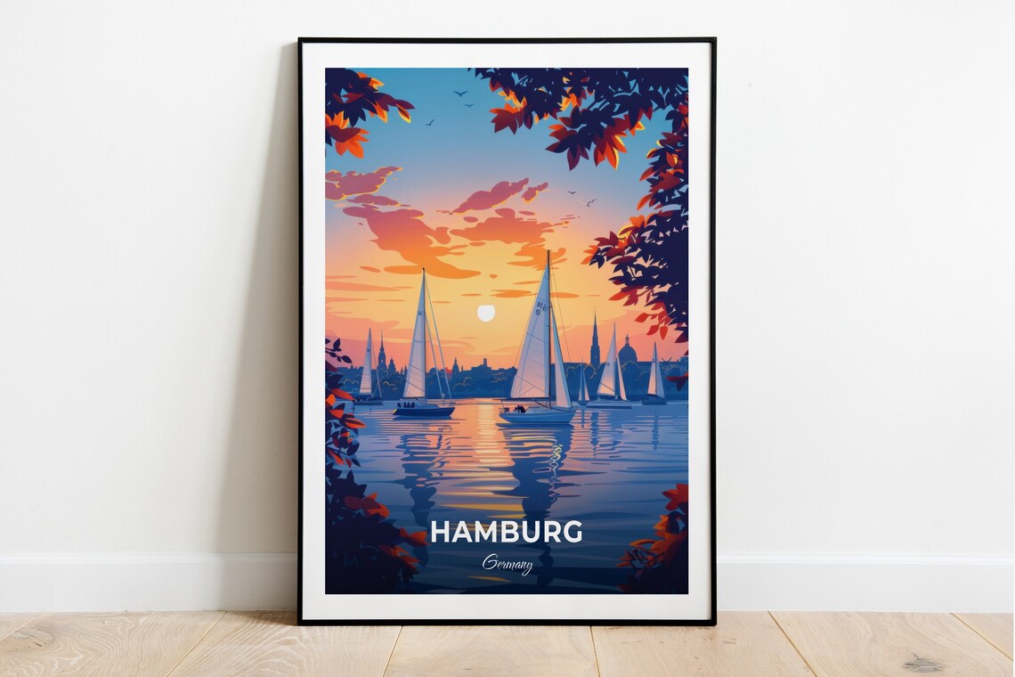 Hamburg Alster Lake Sailboats Sunset Skyline View Travel Poster