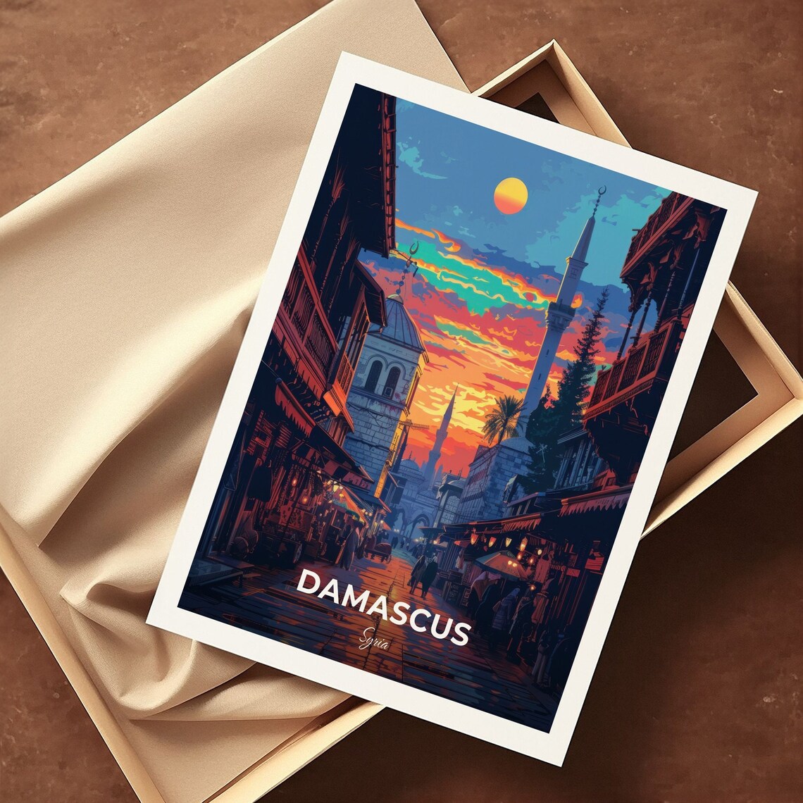 Damascus Old Souq Street Minaret Fiery Sunset Travel Scene Poster - Image 3
