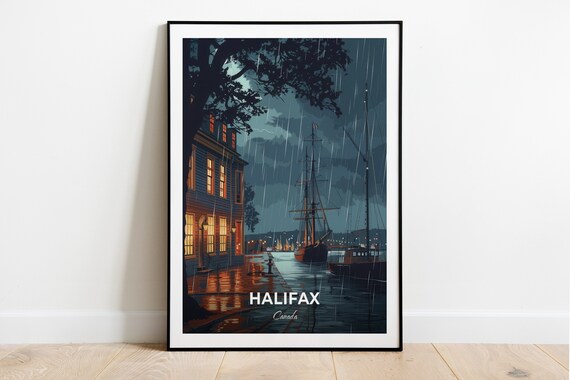 Halifax Canada Historic Tall Ship Night Harbor Rain Glow Art Poster