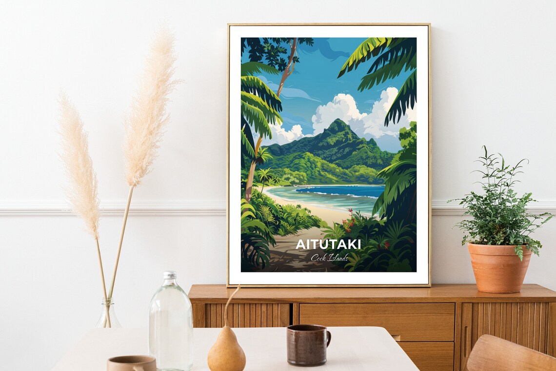 Aitutaki Jungle Cove Mountain Peak Tropical Lagoon Travel Poster - Image 3