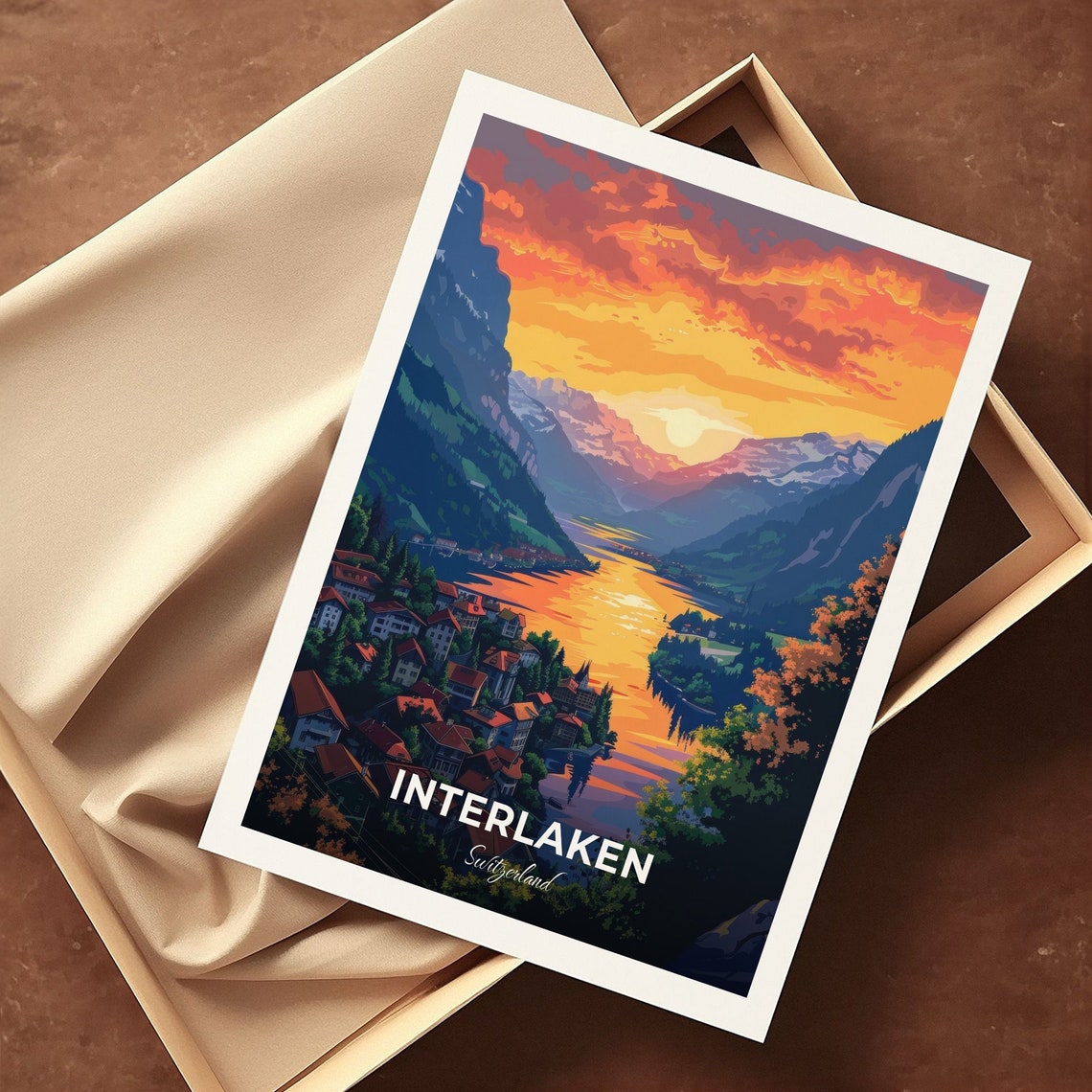 Interlaken Sunset Valley Village Golden Lake Reflection Poster - Image 3