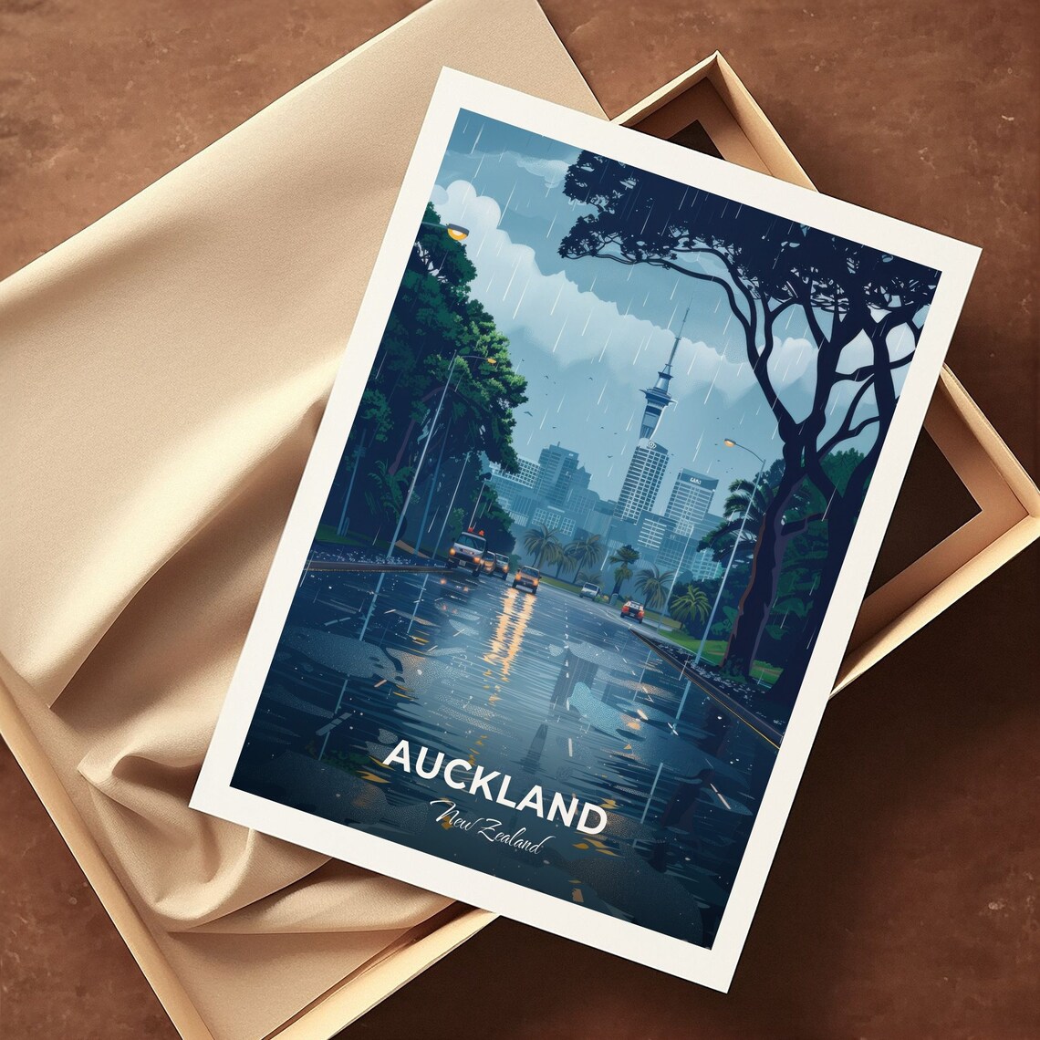 Auckland New Zealand Sky Tower Rainy Street Night Lights Travel Poster - Image 3