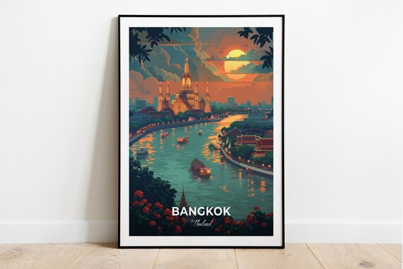 Bangkok Thailand Chao Phraya River Sunset Boats Travel Illustration Poster