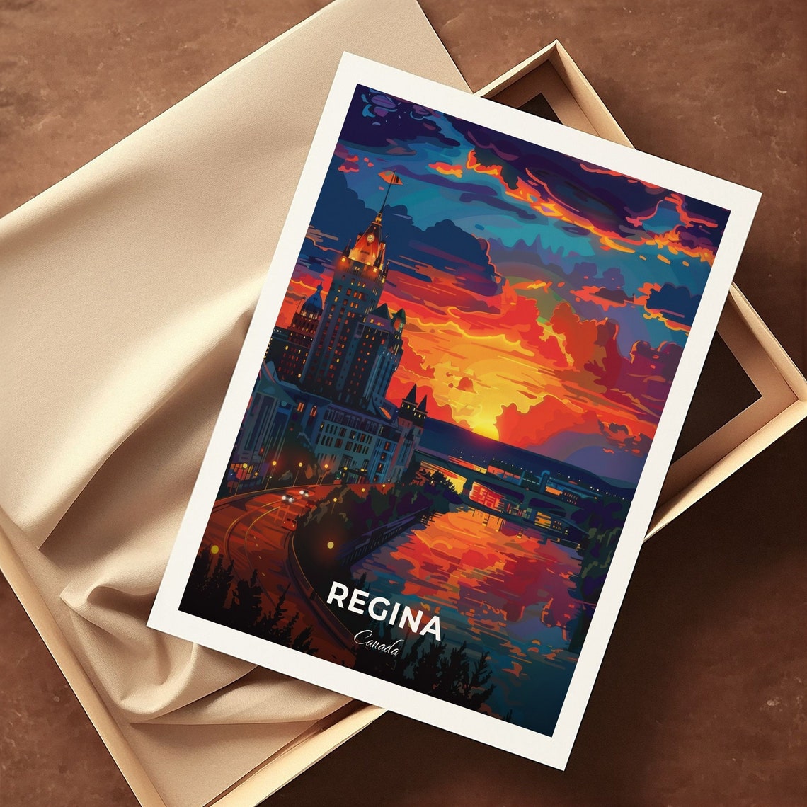 Regina Canada Casino Regina Lakefront Sunset Skyline Travel Poster - Image 3