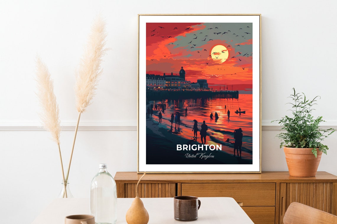 Brighton Beach Sunset Over the Pier United Kingdom Travel Poster - Image 2