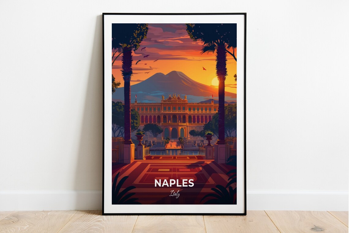 Naples Italy Royal Palace Sunset Mount Vesuvius Bay Travel Poster