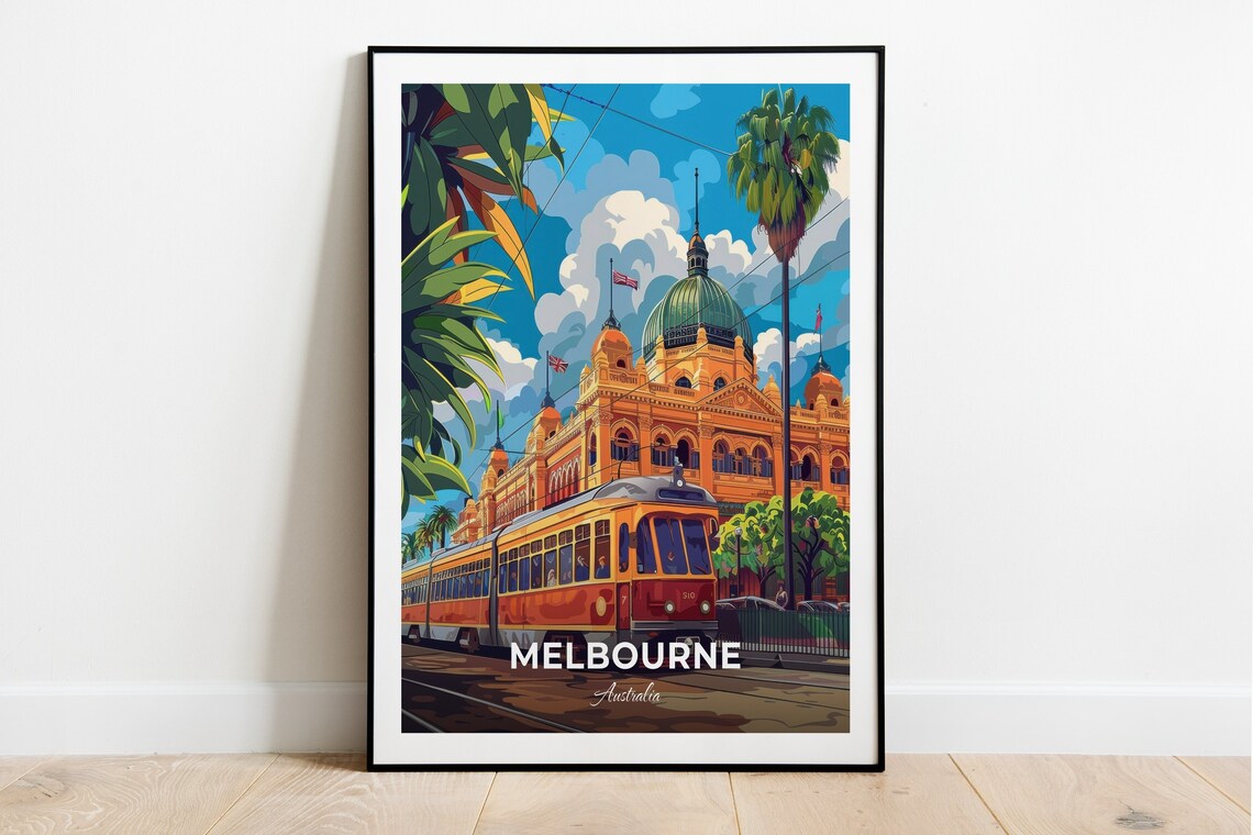 Melbourne Flinders Street Station Vintage Tram Travel Scene Poster