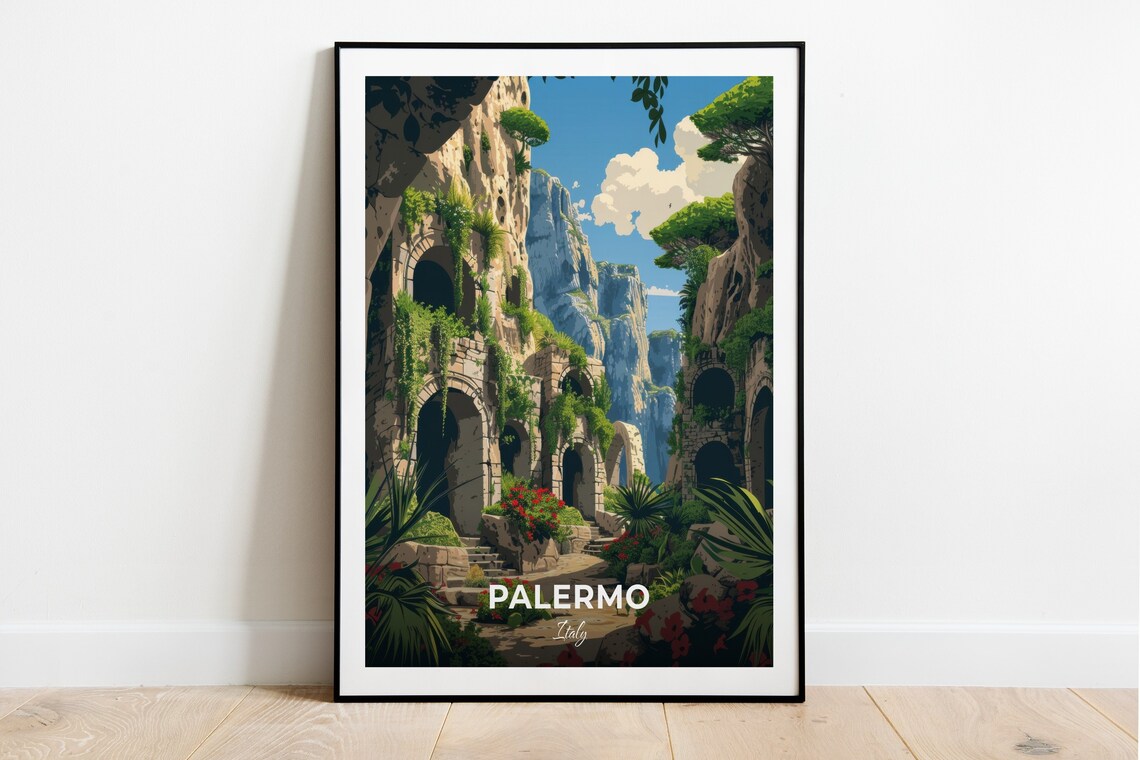 Palermo Italy Ancient Stone Arch Grotto Garden Travel Art Poster