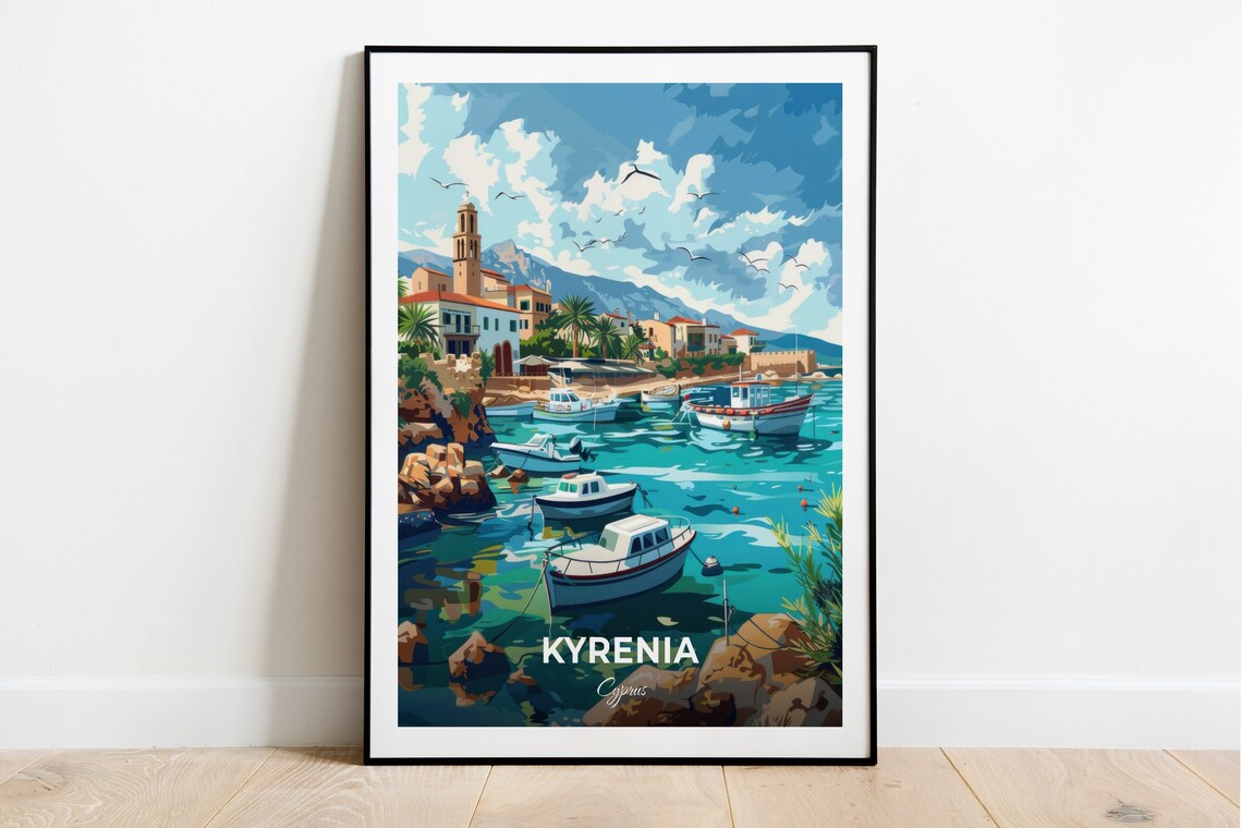 Kyrenia Cyprus Old Harbor Colorful Fishing Boats Sunny Day Poster