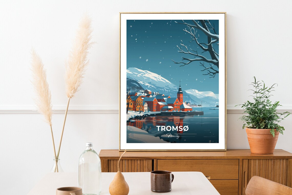 Tromso Norway Snowy Winter Harbor Colorful Houses Night Travel Poster - Image 2