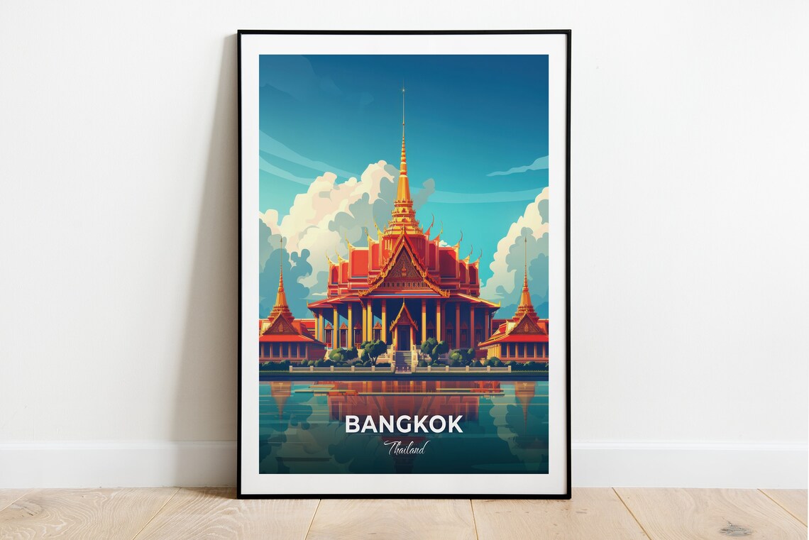 Bangkok Thailand Grand Palace Golden Temple Travel Illustration Poster