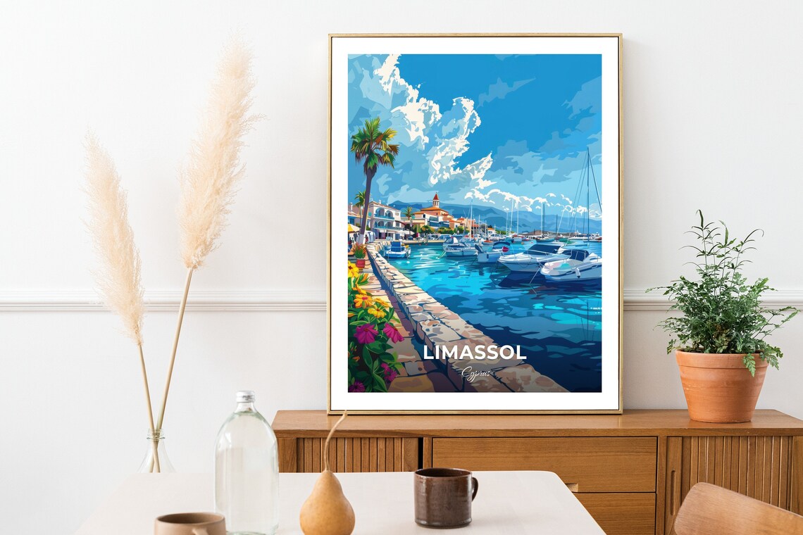 Limassol Marina Harbor Boats Flowers Cyprus Seaside Travel Poster - Image 2