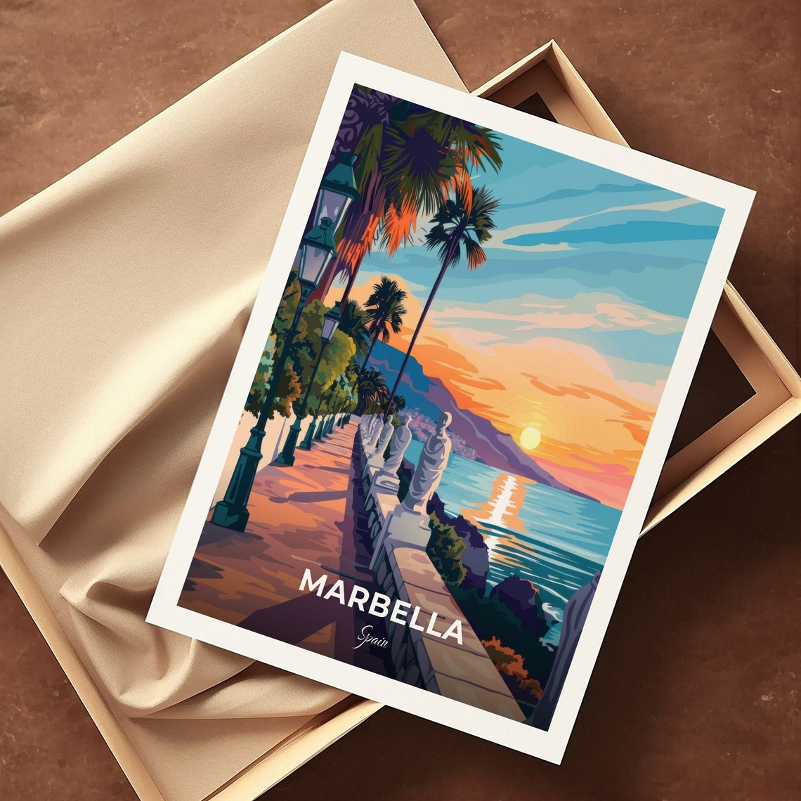 Marbella Spain Seaside Promenade Sunset Palms Statues Travel Poster - Image 3