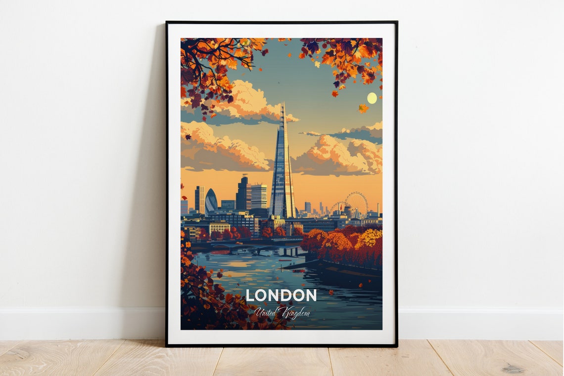 London The Shard Thames Sunset Modern Skyline River Travel Poster