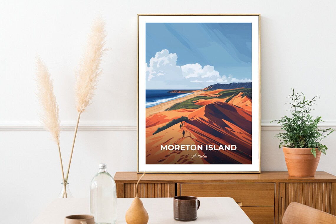 Moreton Island Australia Orange Sand Dunes and Hikers Travel Poster - Image 3