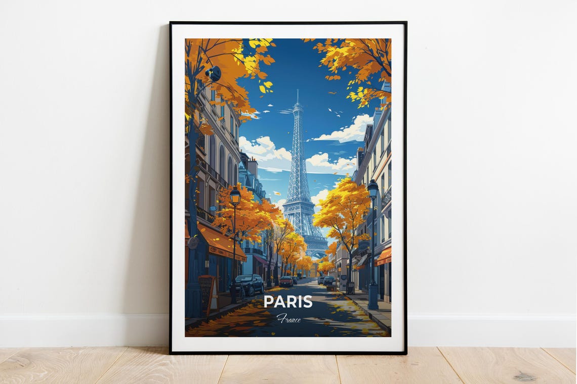 Paris Eiffel Tower Autumn Tree Lined Street Modern City Travel Poster