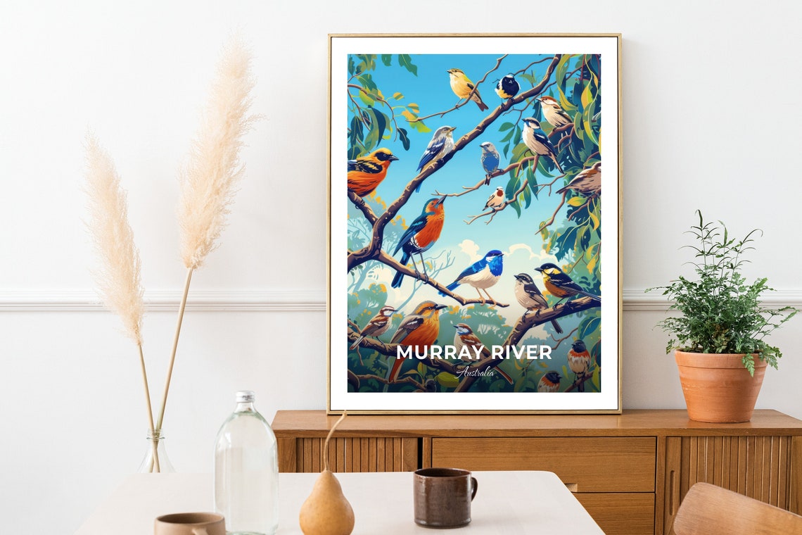 Murray River Australia Colorful Songbirds on Branches Travel Poster - Image 3