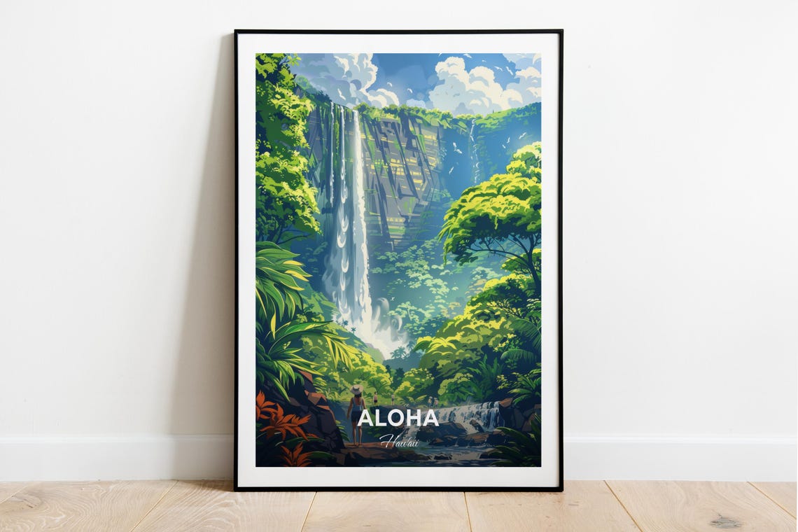 Aloha Hawaii Manoa Falls Tropical Waterfall Modern Travel Poster