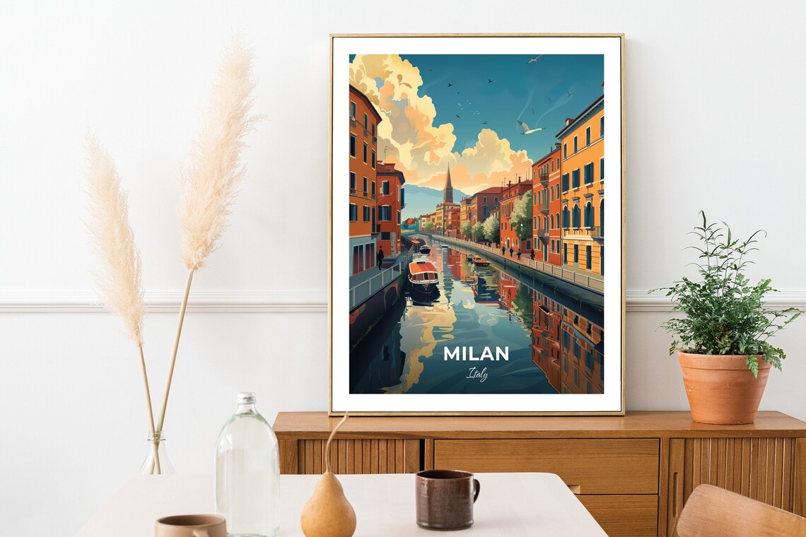Milan Navigli District Canal Boats Reflections Evening Travel Poster - Image 2