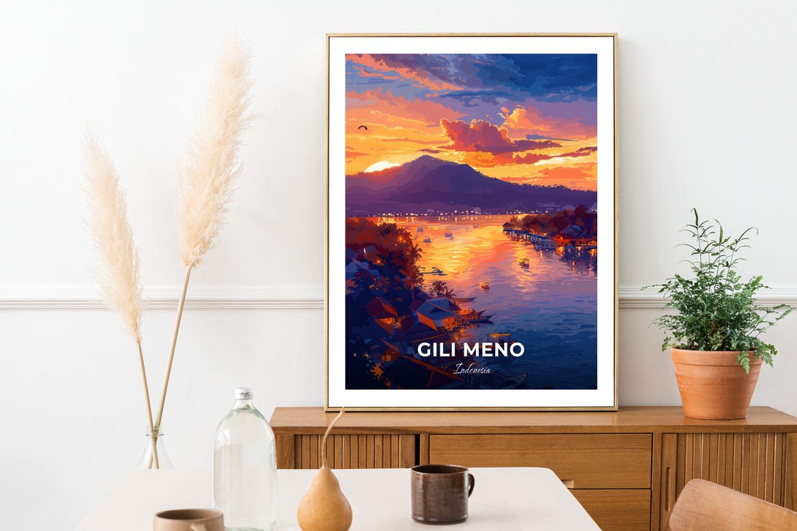 Gili Meno Indonesia Sunset Harbor Mountain View Travel Poster - Image 3