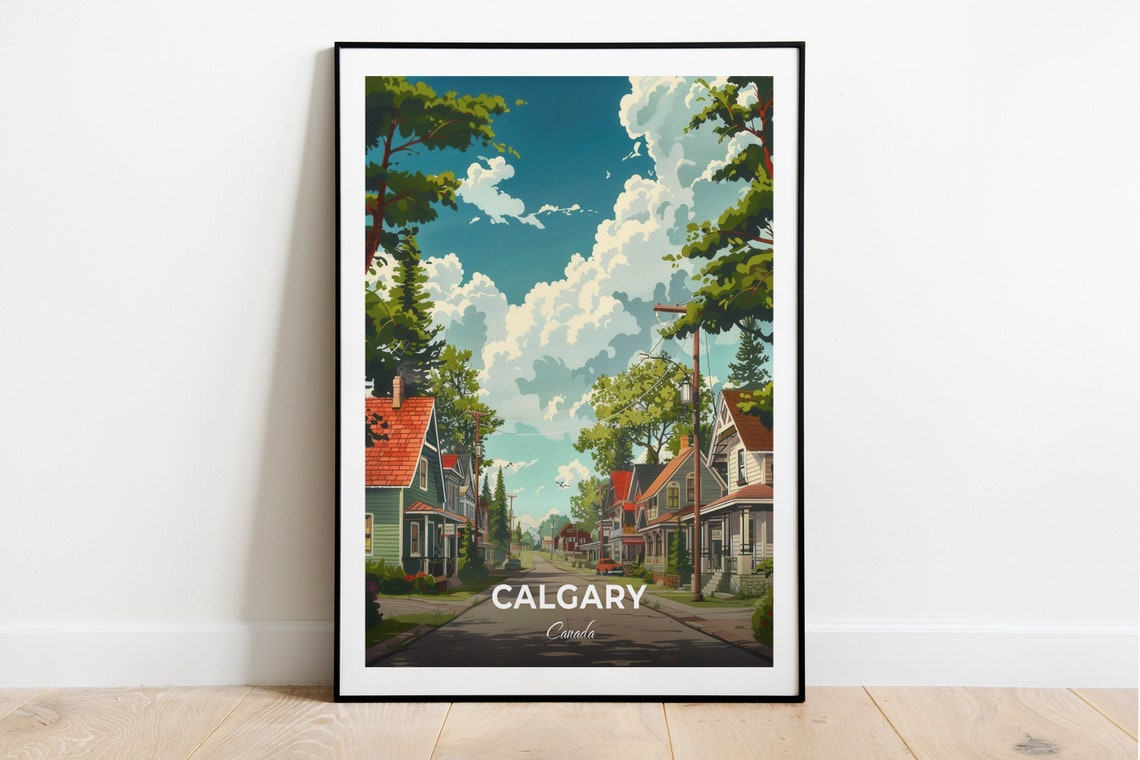 Calgary Canada Sunny Tree Lined Residential Street Travel Poster