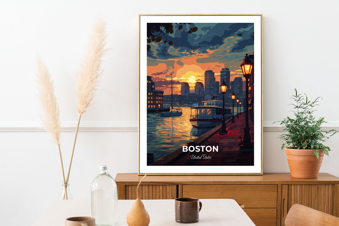 Boston Harbor Dusk Ferry Boardwalk Waterfront Travel Scene Poster - Image 2