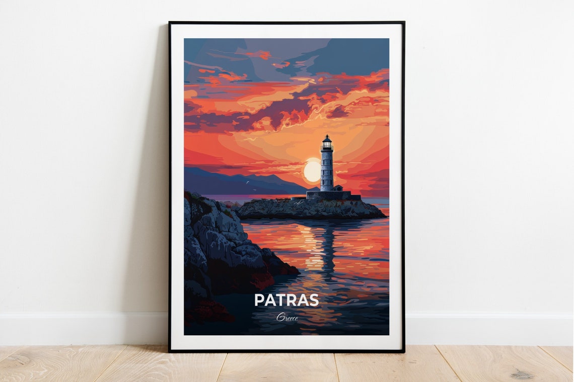 Patras Greece Lighthouse at Sunset Over the Sea Travel Poster