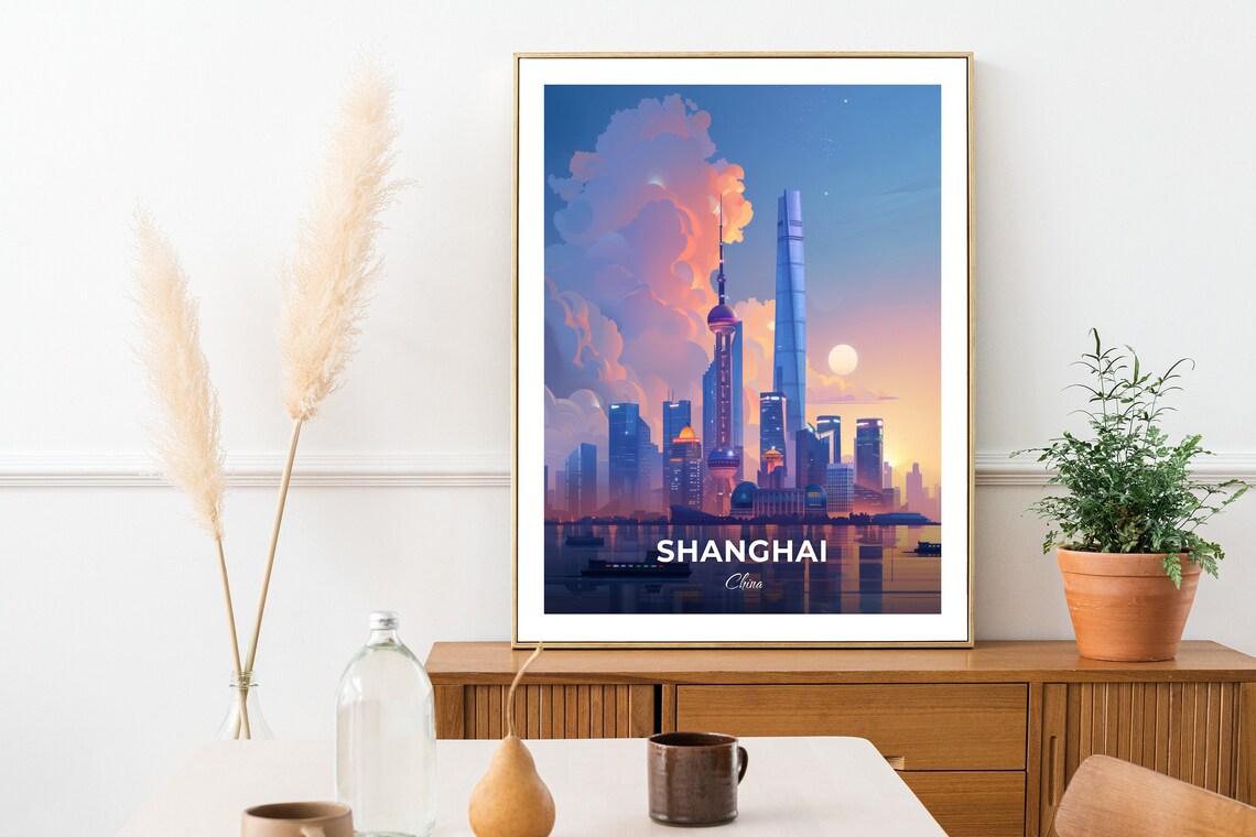 Shanghai China World Financial Center Skyline Sunset Travel Poster - Image 2