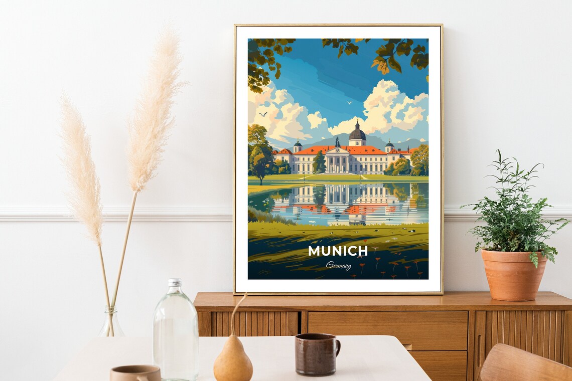 Munich Nymphenburg Palace Lake Reflection Royal Travel Poster - Image 2