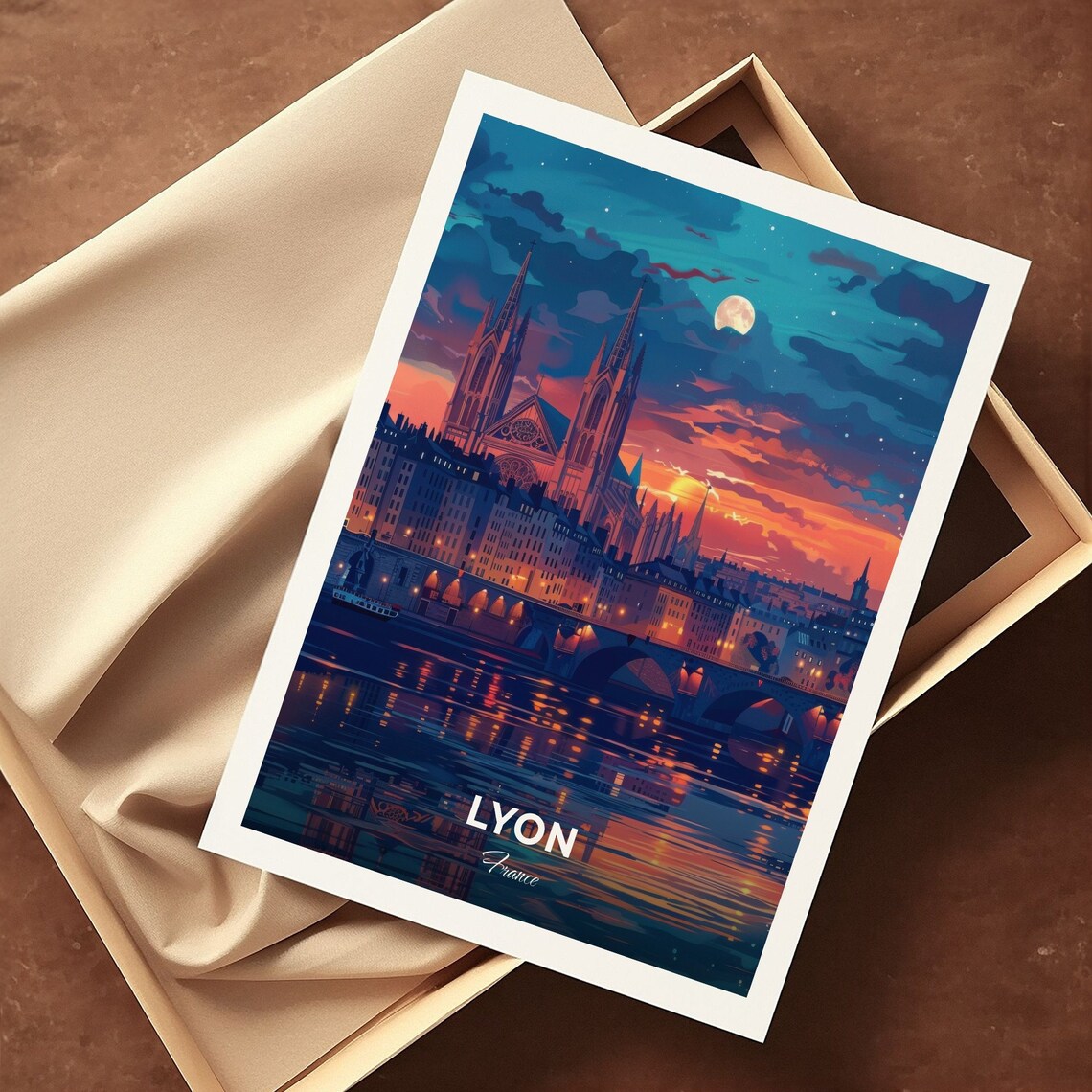 Lyon France Gothic Cathedral At Dusk Under Rising Moon And Lights Poster - Image 3