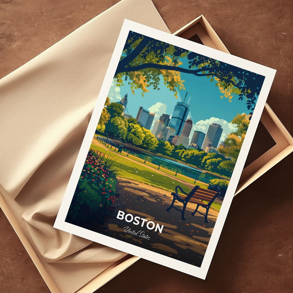 Boston Common Skyline View Park Bench City Travel Art Poster - Image 3