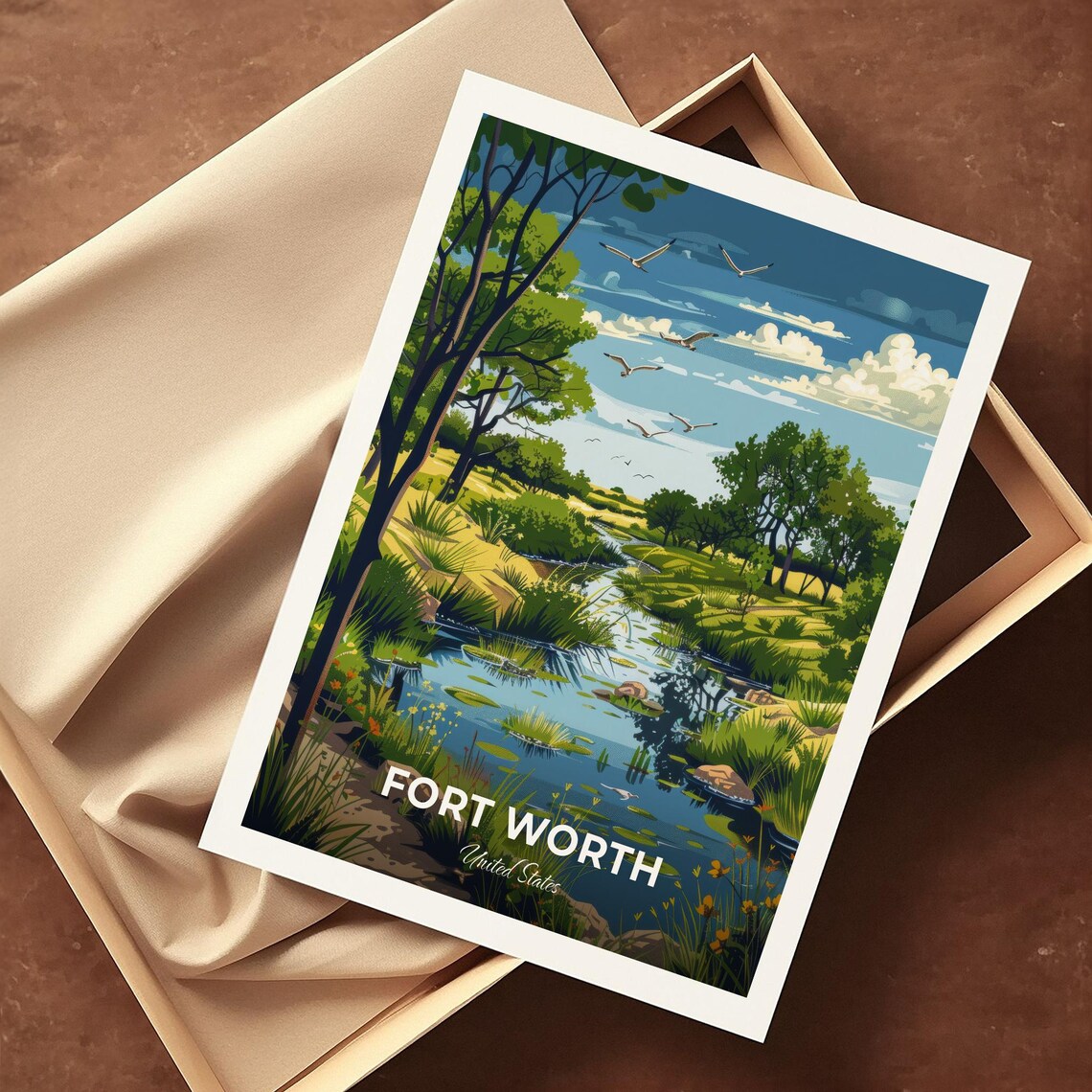 Fort Worth Texas Creek Wetland Birds Nature Scene Travel Poster - Image 4