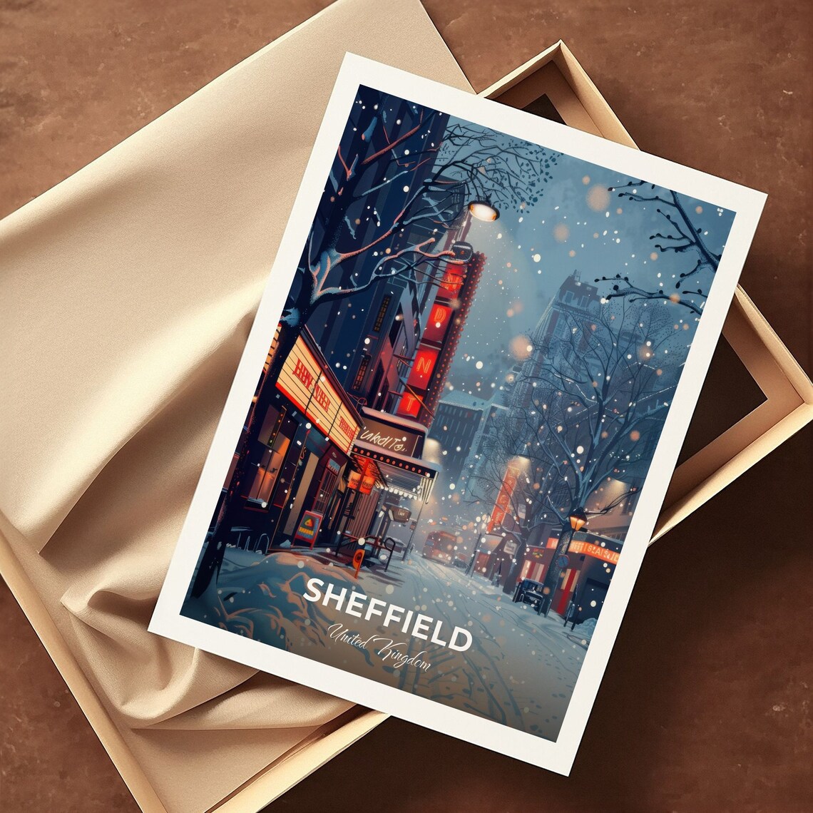 Sheffield United Kingdom Snowy Theatre District Street Night Travel Poster - Image 3