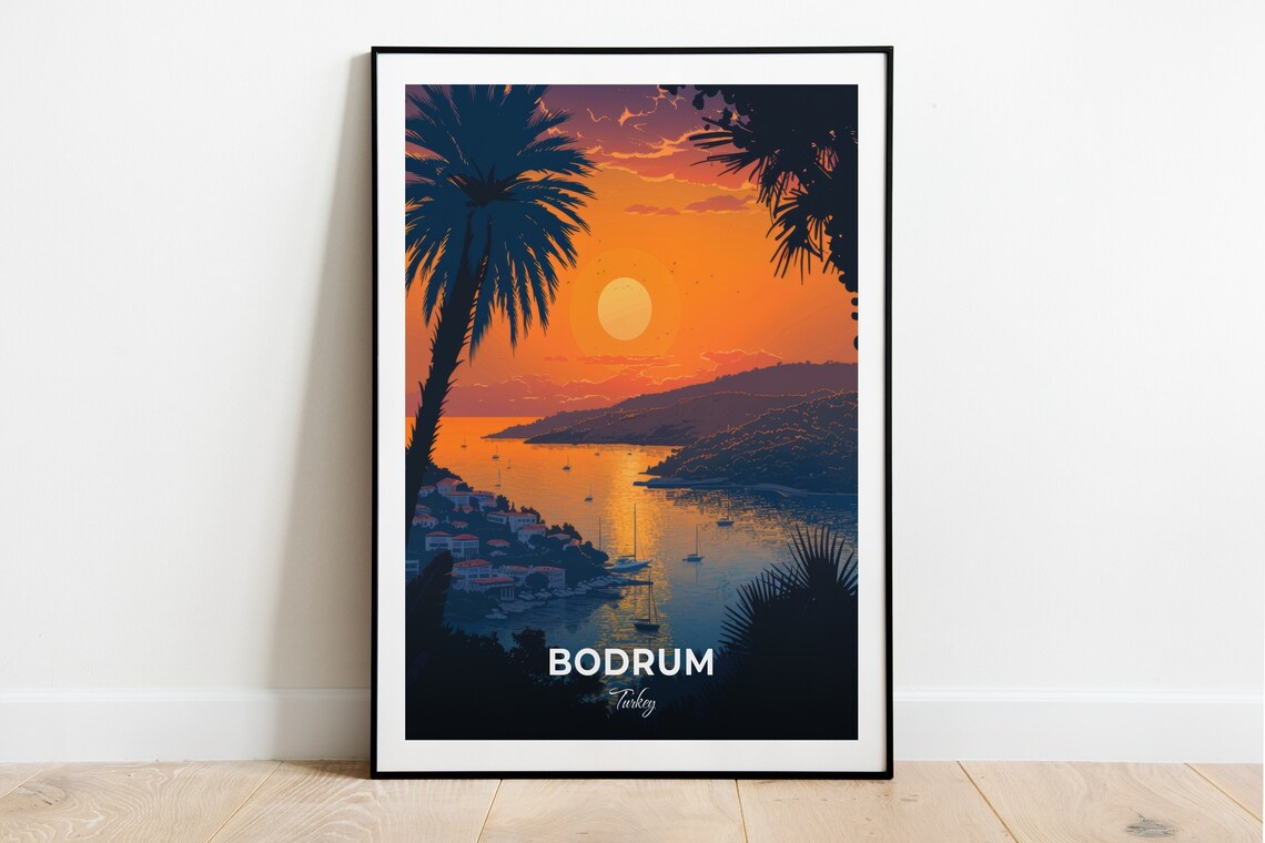 Bodrum Turkey Turgutreis Palm Framed Golden Bay Sunset Poster
