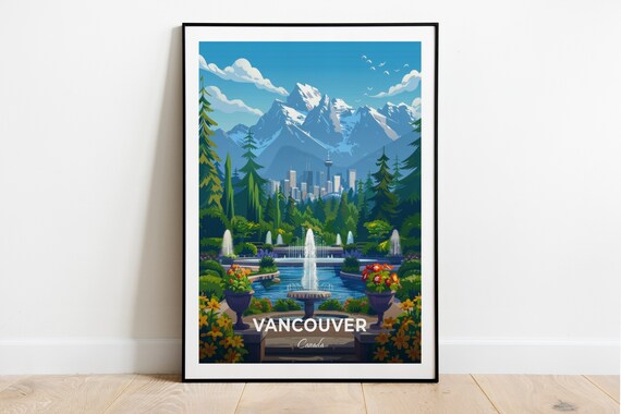Vancouver Queen Elizabeth Park Fountain Skyline Travel Scene Poster