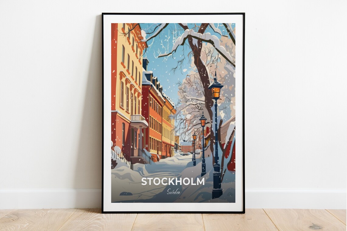 Stockholm Sweden Snowy Street Winter Lamps Old Town Travel Poster