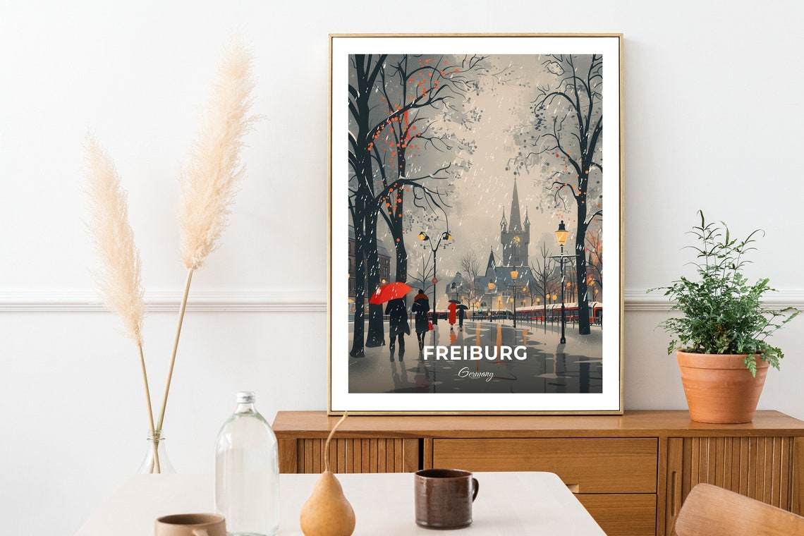 Freiburg Rainy Autumn Street With Red Umbrellas Germany Travel Poster - Image 2