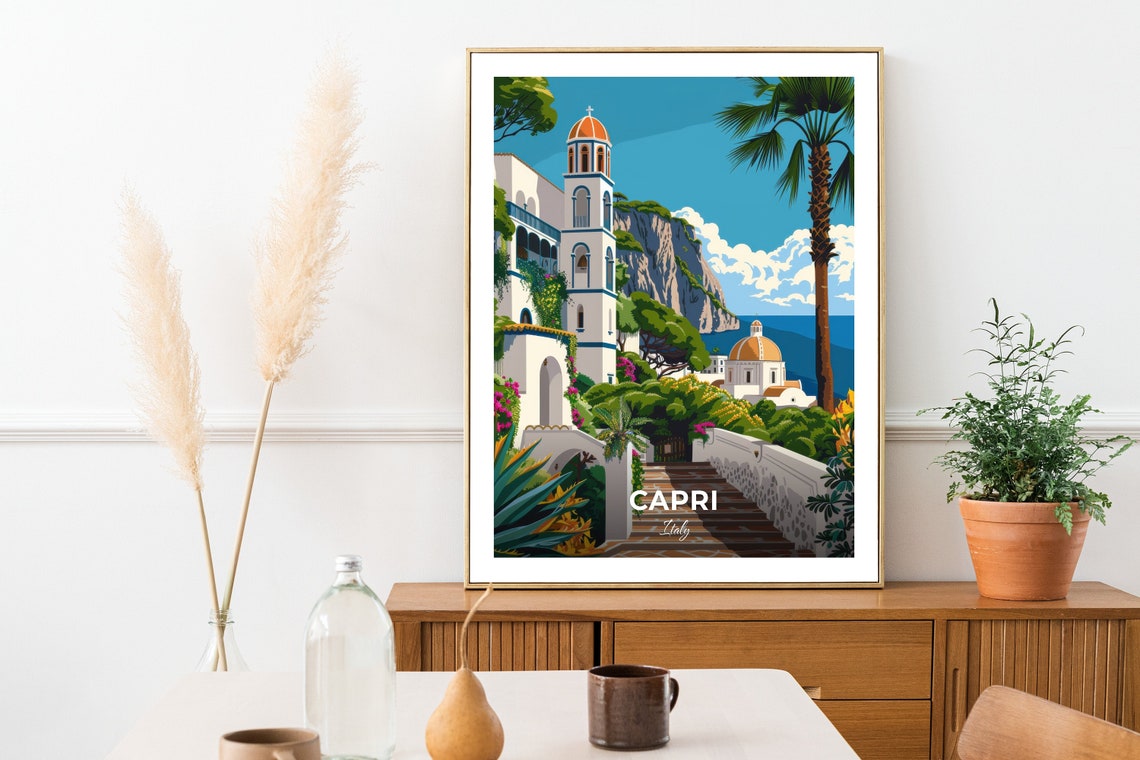 Capri Italy Historic Coastal Villa Bell Tower Cliffside Travel Poster - Image 2
