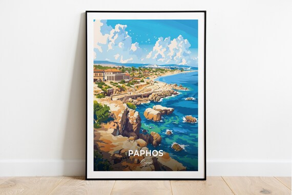 Paphos Cyprus Archaeological Coast Ruins Rocky Shore Travel Poster