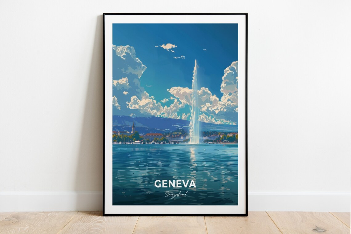 Geneva Switzerland Water Jet Fountain Lake Geneva City Travel Poster