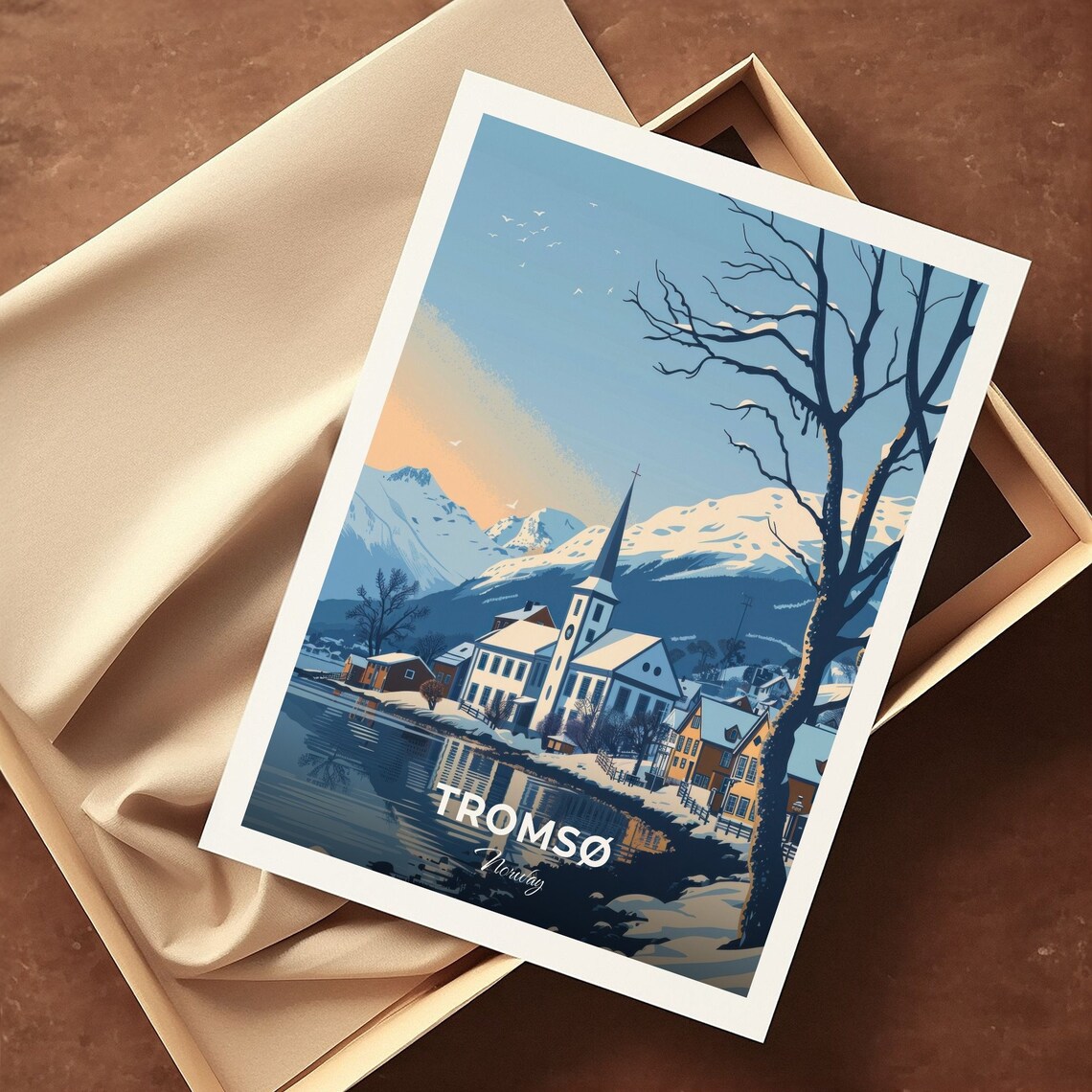 Tromso Norway Winter Village Church Snowy Mountains Fjord Poster - Image 3