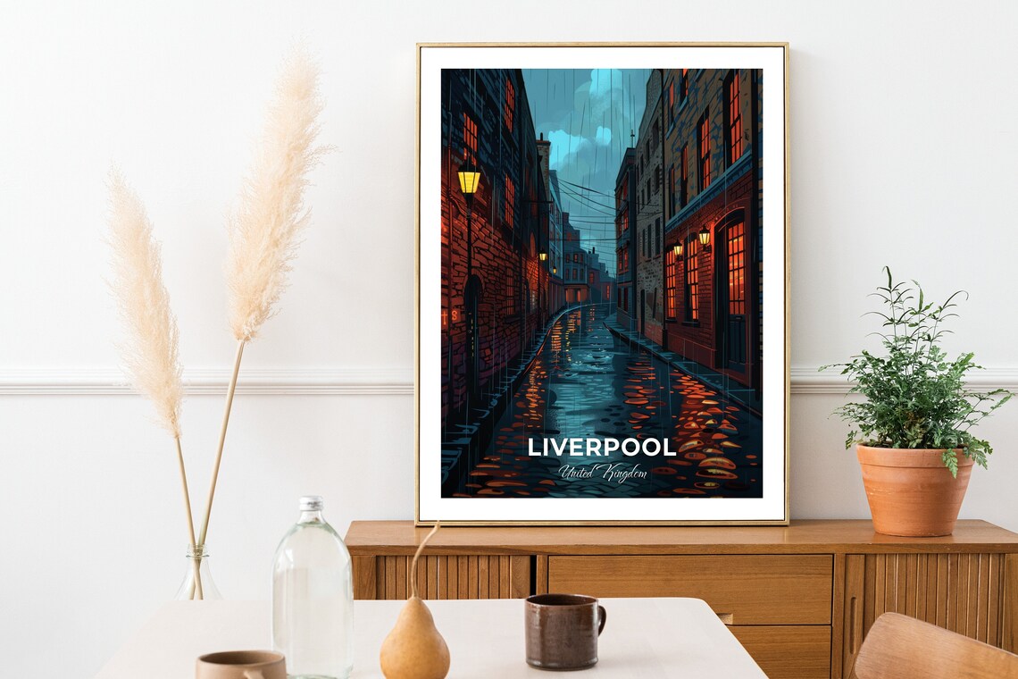 Liverpool Rainy Cobblestone Street Night Travel Poster United Kingdom - Image 2