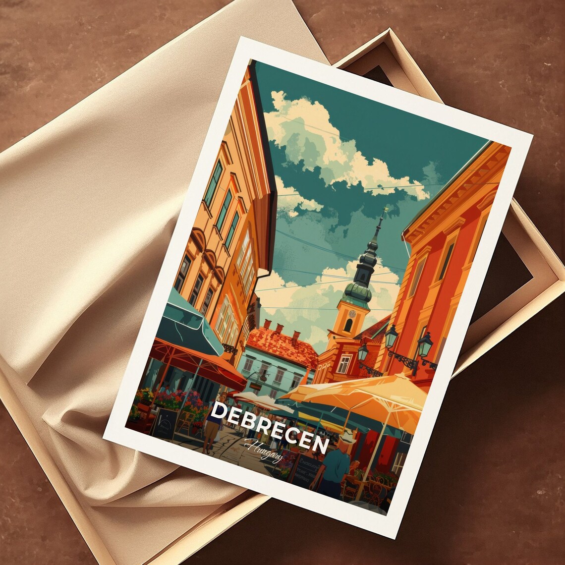 Debrecen Hungary Market Square Umbrella Cafes Church Tower Lively Poster - Image 3
